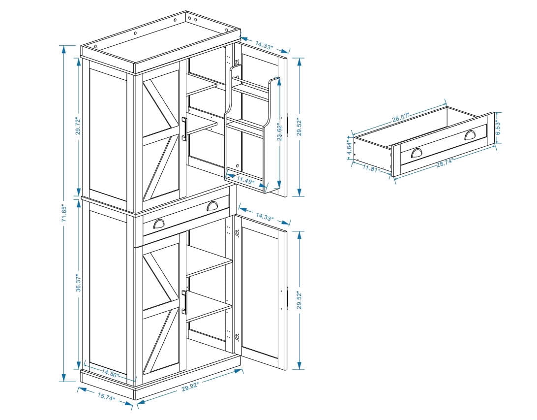 MAYEERTY 71-Inch Kitchen Pantry Storage Cabinet, Freestanding Cupboard with 4 Doors 2 Rack Doors 1 Drawer 2 Adjustable Shelves White