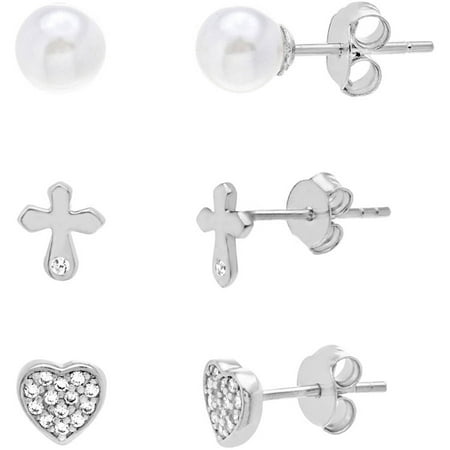 - Lesa Michele Freshwater Pearl Cross and Heart Earring Set, 3-Piece in Sterling Silver