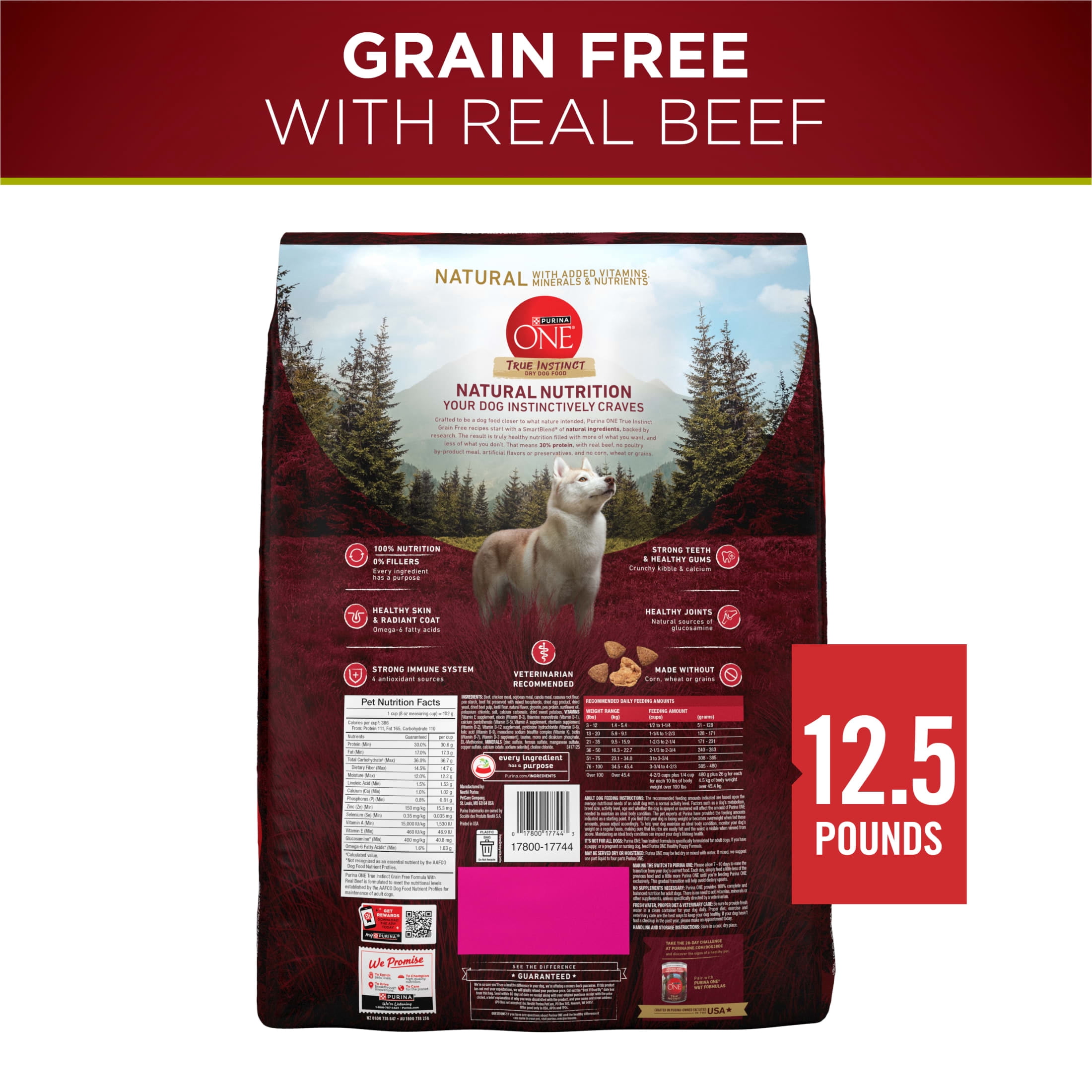 Purina One True Instinct Dry Dog Food, Muscle & Joint Support, Grain-Free Real Beef, 12.5 lb Bag