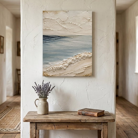 Heavy Impasto Ocean Canvas Wall Art for Living Room Bedroom Bathroom, Coastal Blue Textured Ocean Beige Beach Canvas Art Wall Decor, Artwork for Walls Home Office Decor, 11"x14"