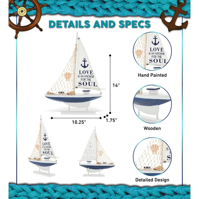 Cota Global Ocean Blue Sailboat Decor – Handmade Wooden Boat Decor, Cute Beach Style Model Sail Boat Decorations, Nautical Themed Table Top Decor
