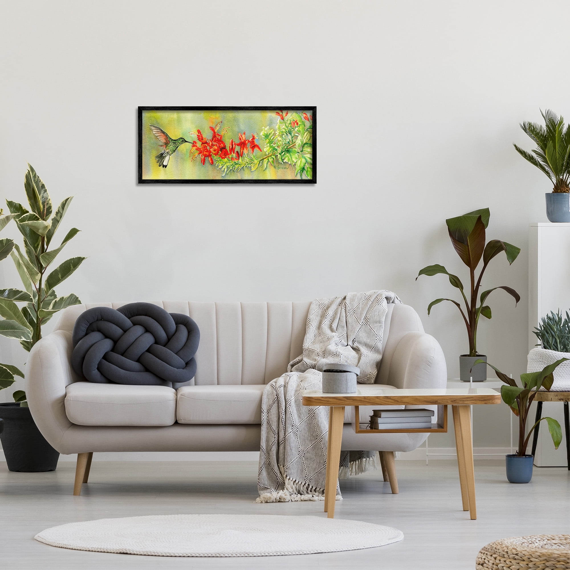 Stupell Industries Hummingbird & Red Lilies Animals & Insects Painting Black Framed Art Print Wall Art, 30 x 13