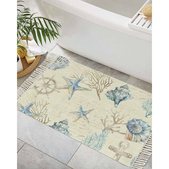 Nautical Coastal Bath Rug 2x3ft Woven Bathroom Entryway Runner Rug,Vintage Beach Coral Starfish Shell Washable Living Room Hallway Bedroom Kitchen Carpet with Tassels,Indoor Outdoor Throw Doormat