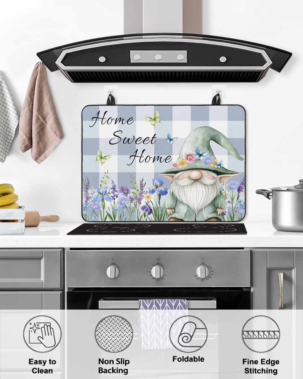 nqOlkjepod Large Induction Cooktop Protector Mat 31"x24", Spring Gnomes Stove Top Covers for Electric Stove, Botanical Flowers Purple Buffalo Plaid Stove Burner Cover Mats, Glass Top Stove Cover