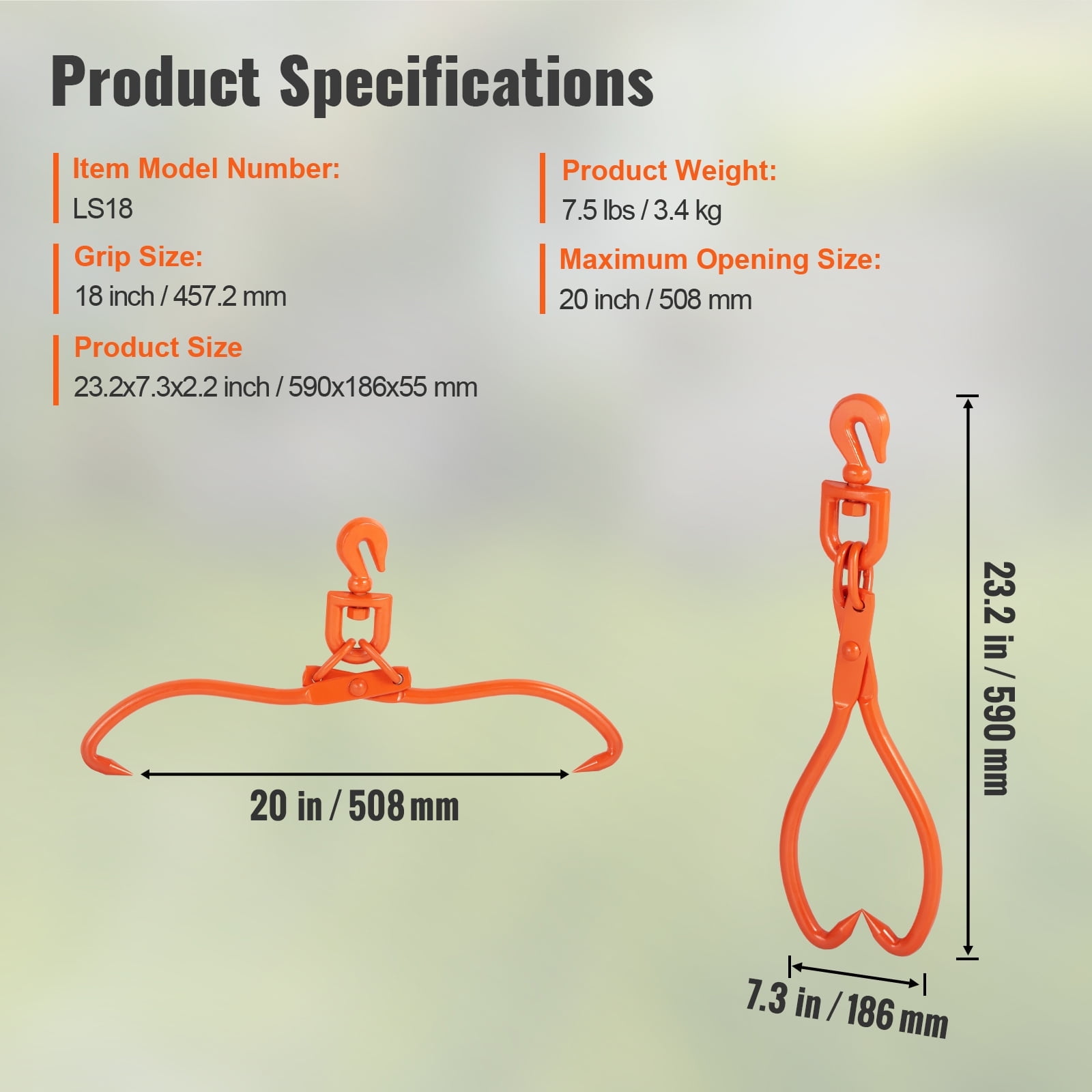 KFFKFF Log Skidding Tongs, 18 inch 2 Claw Log Lifting Tongs, Heavy Duty Rotating Steel Lumber Skidding Tongs, 772 lbs/350 kg Loading Capacity, Log Lifting, Handling, Dragging & Carrying Tool