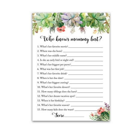 SUCCULENTS Baby Shower Games Who Knows Mommy Best - Pack of 25 - GENDER NEUTRAL Baby Shower Game New Parent Couples Coed Reveal Funny Guessing Game Mom-to-be GREENERY Shower Activity, SKU G300-WKM