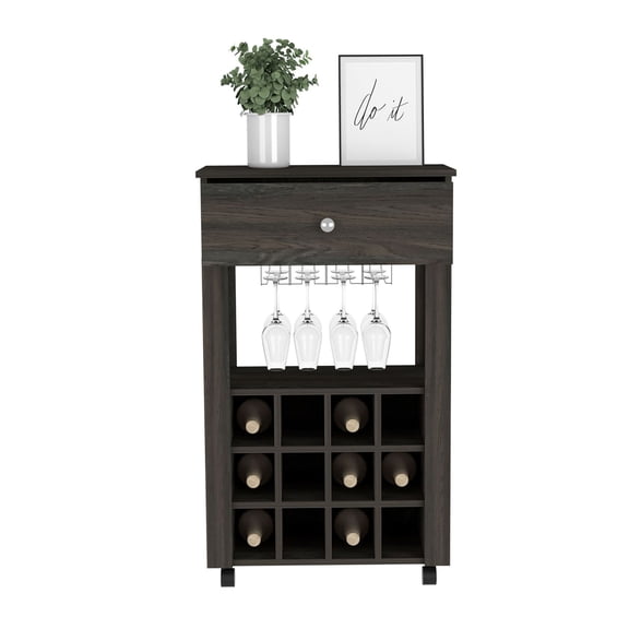 Bar Cart Bayamon, Wine Cart with 12 Bottle Holders, Espresso Finish, Home Bar Storage, Rolling Server Cart with Open Shelf, 27.44 Inch