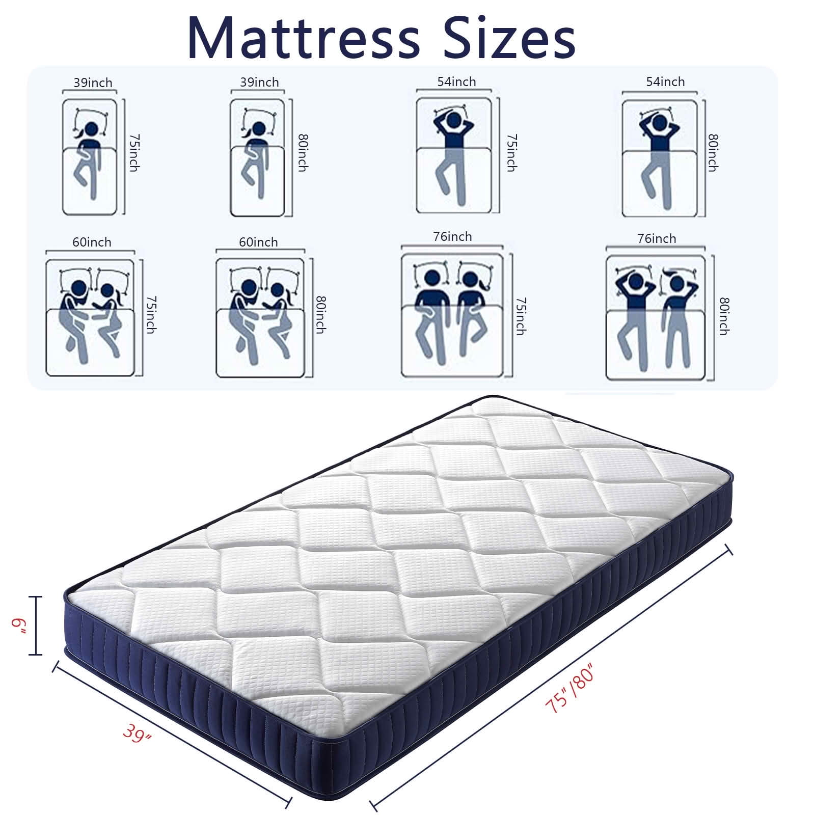 MAYEERTY 6 Inch Twin Hybrid Innerspring Mattress in a Box, Foam & Spring Medium Soft Motion Isolation Pressure Relief, White+Blue