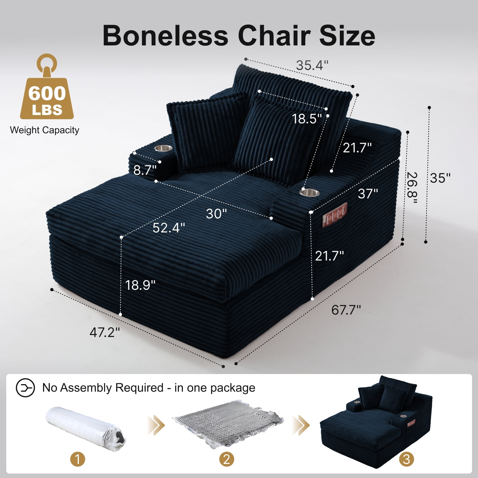 47" Wide Oversized Single Chaise Lounge Chair, 67'' Sleeper Sofa Bed with Cup Holders & 3 Pillows