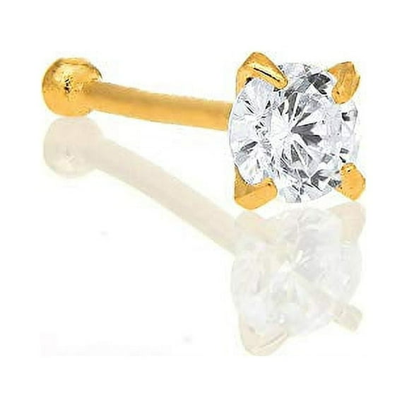 JewelStop 14K Solid Yellow Gold CZ Prong Set Nose Ring - 2.5mm 24 Gauge 9mm Long