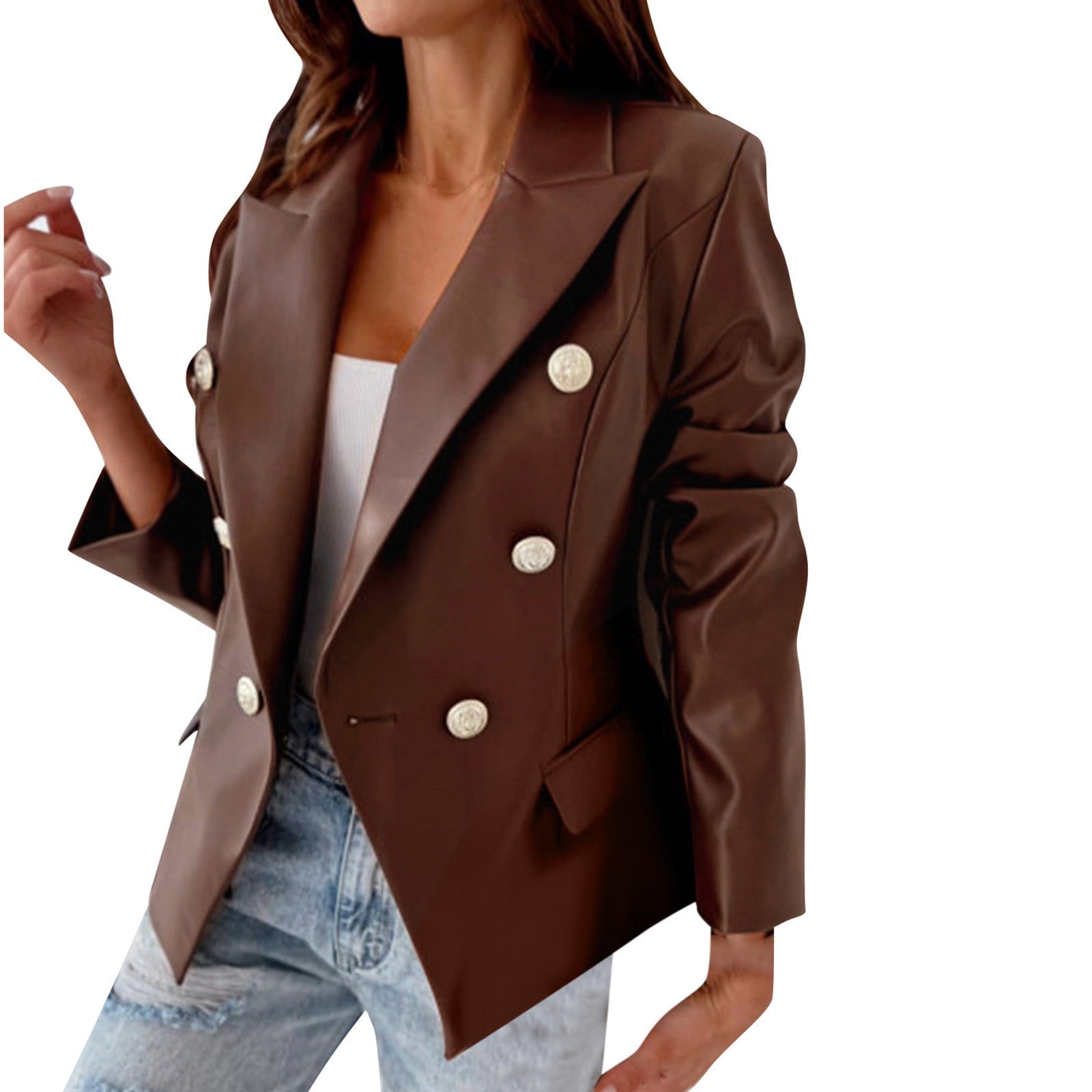 jsaierl Double Breasted Buttons Faux Leather Blazer Women Long Sleeve Coat Notch Collar Leather Jacket Women