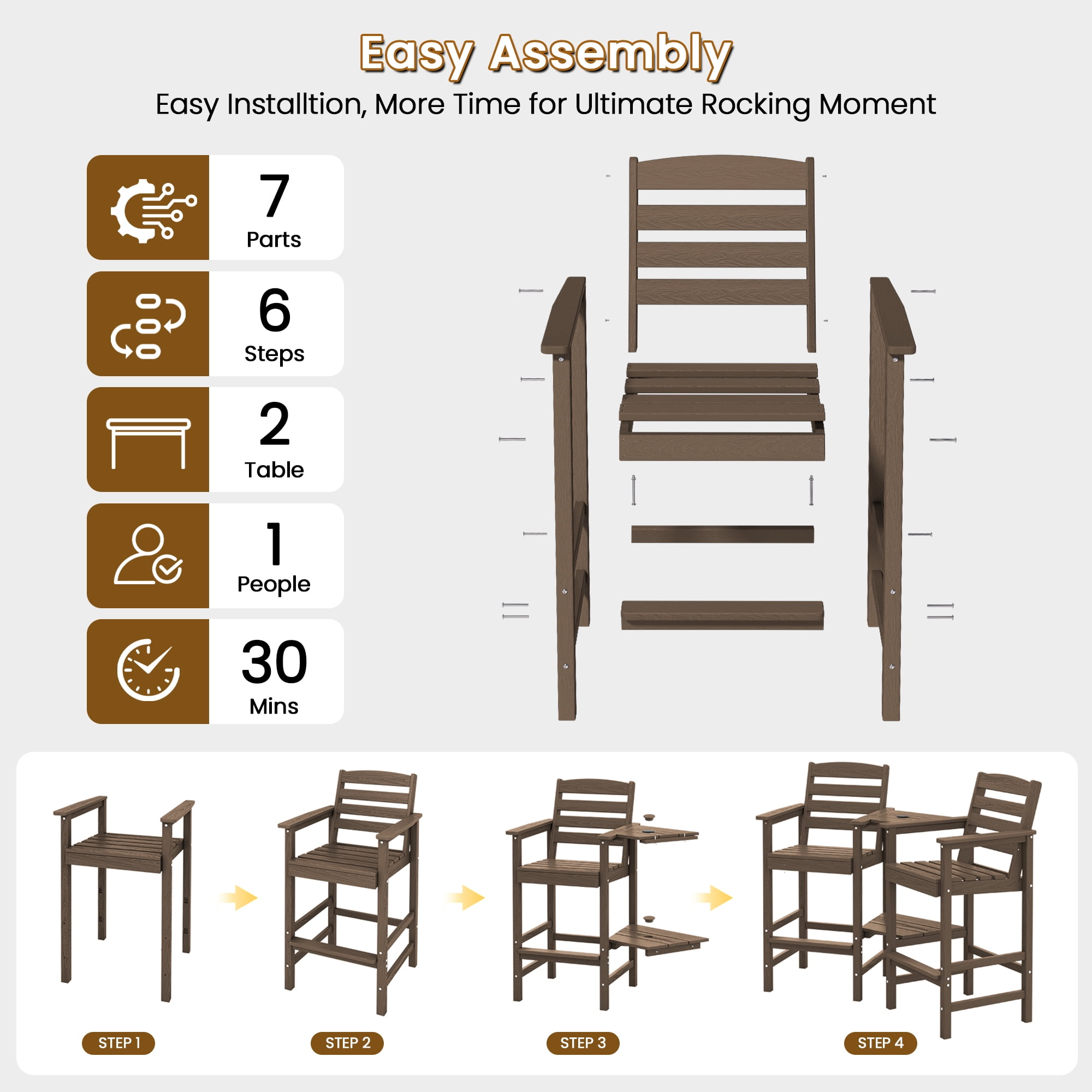 SERWALL Tall Adirondack Chairs Set of 2 with Connecting Table,  HDPE Adirondack Outdoor Barstools, Brown