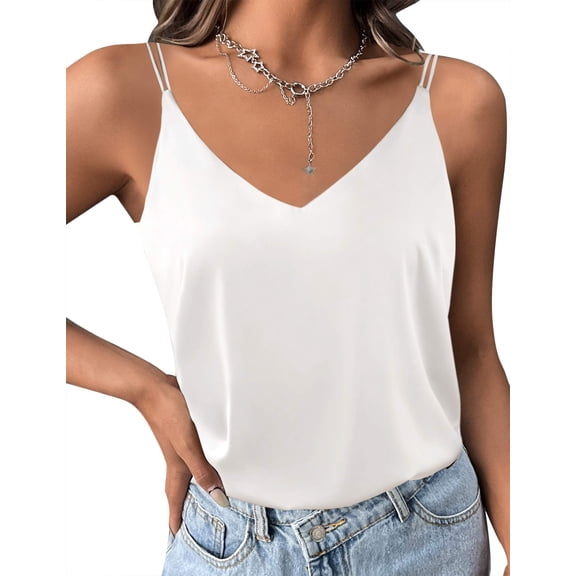 Ekouaer Womens Silk Satin Camisole V-Neck Spaghetti Strap Sleeveless Top with Cross Back Design