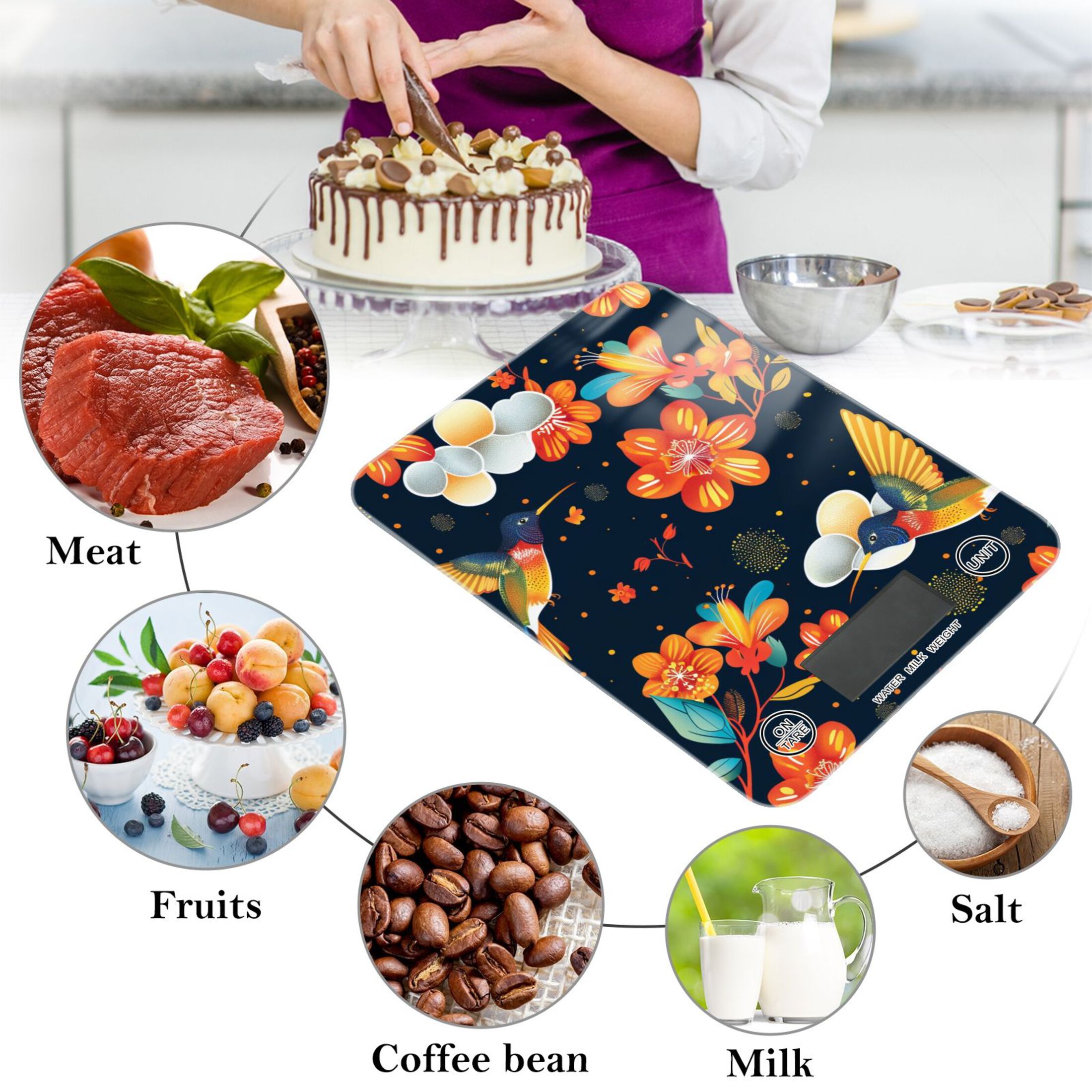 Birds with Flowers Food Scale Digital Kitchen Scale Waterproof Tempered Glass Tare Function 11 lb for Baking Cooking Meal Prep