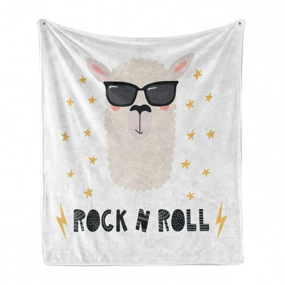 Rock and Roll Soft Flannel Fleece Throw Blanket, Cool and Funny Llama Portrait with Sunglasses, Cozy Plush for Indoor and Outdoor Use, 70" x 90", Mauve Taupe Blush, by Ambesonne