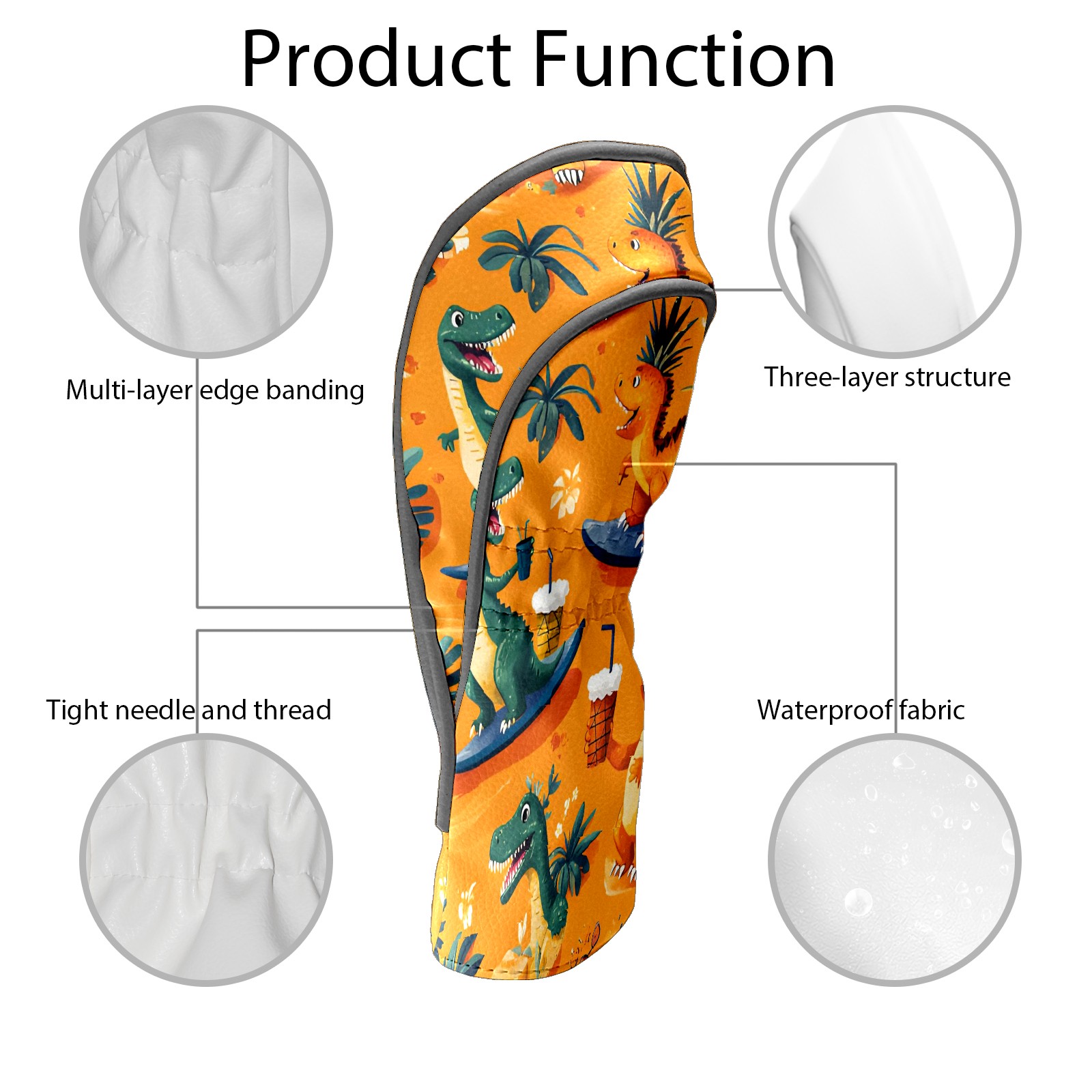 Golf Club Covers, Orange Dino Adventure Premium PU Leather Driver Hybrid Putter Head Covers with Velvet Lining, Waterproof Golf Gifts for Men Women