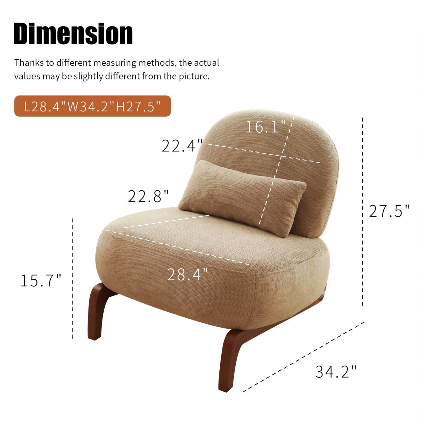 Cute Accent Chair with Solid Wood Legs, Upholstered Armless Reading Chair, Soft Velvet Lounge Chair for Living Room, Bedroom, Apartment, Balcony & Waiting Room, Camel
