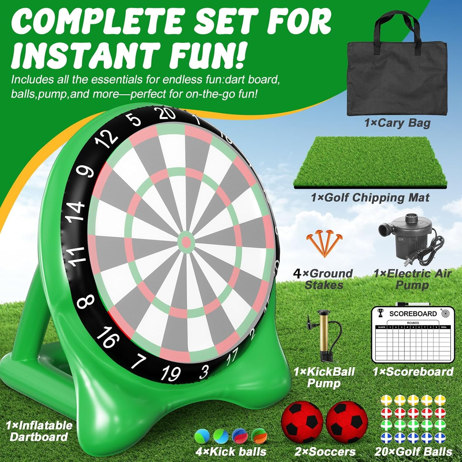 Datingday Inflatable Soccer Dart Board,6ft Giant Kick Darts Game Set with Pump, Balls & Accessories,Indoor Outdoor Lawn Yard Party Games for Kids Adults Family & Carnival,Green