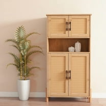GOMYHOME Mid-Century Modern 4-Door Storage Cabinet with Rattan Doors & Adjustable Shelves