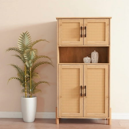 GOMYHOME Mid-Century Modern 4-Door Storage Cabinet with Rattan Doors & Adjustable Shelves
