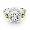 thumbnail image 2 of Gem Stone King 925 Silver and 10K Yellow Gold White Moissanite and Green Peridot 3 Stone Ring for Women (5.60 Cttw, Gemstone Birthstone, Cushion 10MM, Round 4MM, Size 5), 2 of 3