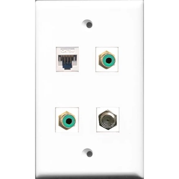 RiteAV - 2 Port RCA Green and 1 Port Coax Cable TV- F-Type and 1 Port Cat5e Ethernet White Wall Plate