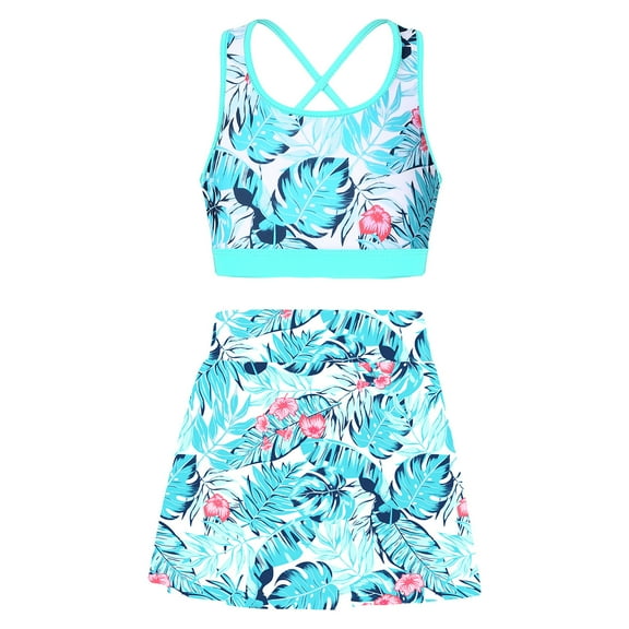 YONGHS Two Pieces Bathing Suit for Kids Girls Flower Butterfly Printed Swimwear Rash Guard Swimsuit Leaf 16