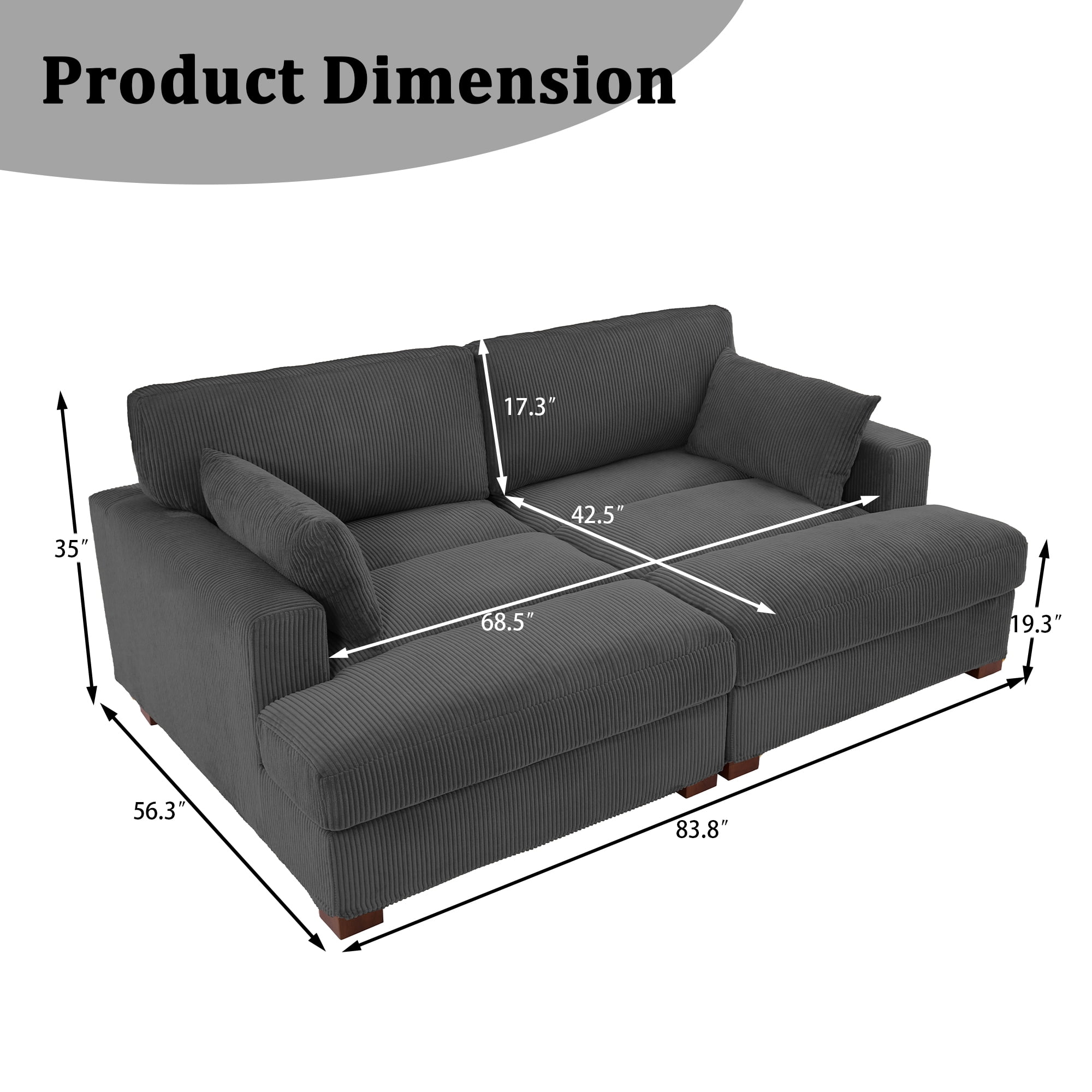 UIXE Chaise Lounge Indoor Upholstered Corduroy Sofa with Armrest for Living Room Bedroom, Gray