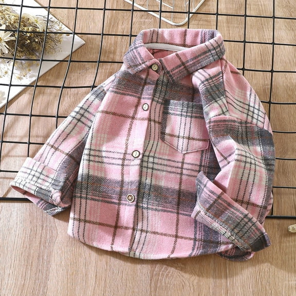 Eltusu Girls Plaid Shirts, Button-Up Relaxed Fit Lapel Collar Soft Long Sleeve Shirts Pink Size 1-11 T