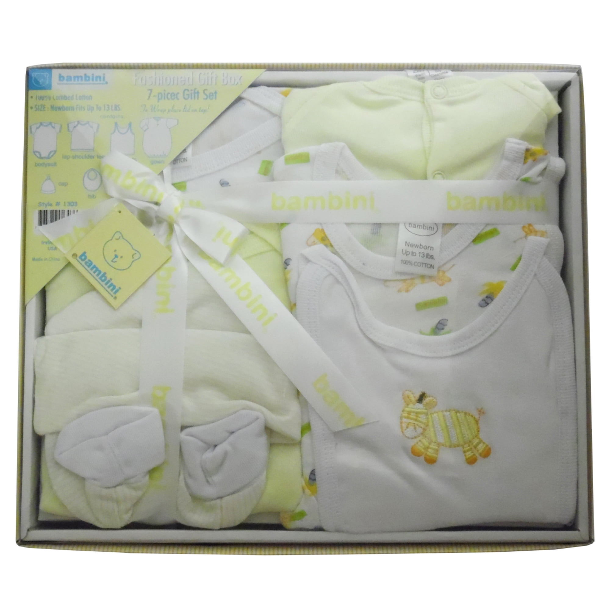 Bambini Yellow Newborn Baby Shower Layette Gift Box Set 7pc (Baby Boys Or Baby Girls Unisex)