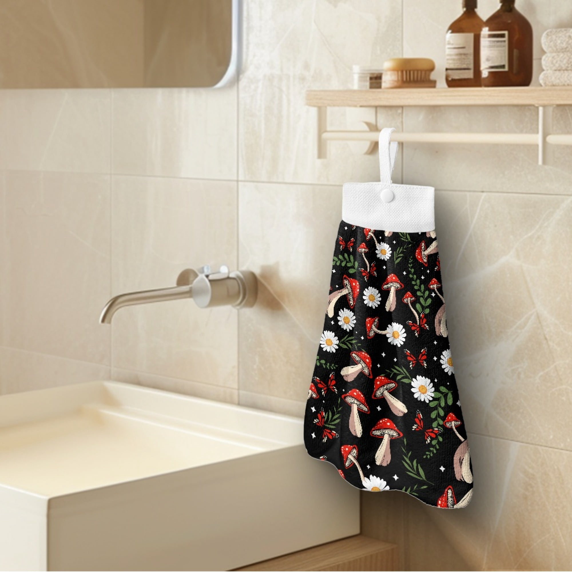 SEANATIVE Mushroom Hand Towels for Bathroom Decorative Set of 3 Aesthetic Hanging Hand Towels for Kitchen Machine Washable Dry Towel Quick Dry Tie Towel with Hanging Loops