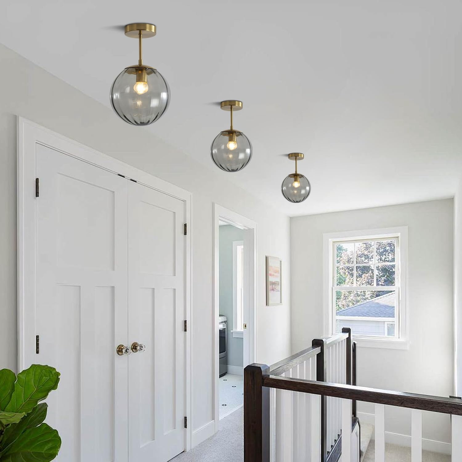 KCO Lighting Brass Gold Smoke Glass Semi Flush Mount Ceiling Light Industrial Large Globe Entryway Ceiling Light for Bathroom Porch