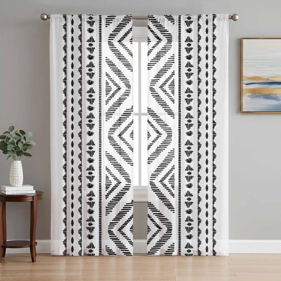 Sheer Curtains 63 Inch Length 2 Panels Set for Bedroom, Black Boho Semi Sheer Curtains for Windows, Vintage Southwestern Geometric Stripes Voile Window Treatments Rod Pocket Curtain