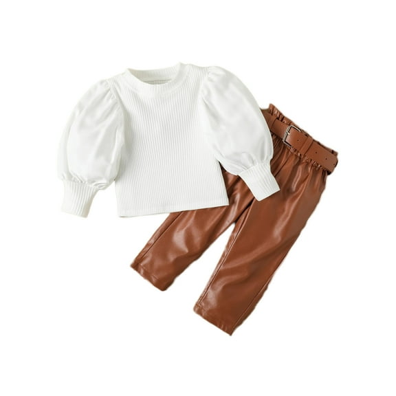 AherBiu Toddler Baby Girls Fall OutFittings Bubble Sleeve Knitted Tops with Leather Pants Going out 2 Piece Sets