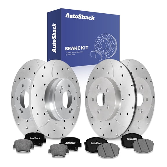 AutoShack Front Vented & Rear Solid Drilled & Slotted Silver Zinc Coated Brake Rotors   Ceramic Pads 12-PC Brake Kit Replacement for 2014-2016 Kia Soul SilverShield Pro
