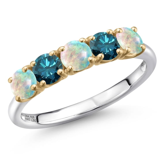 Gem Stone King 925 Silver and 10K Yellow Gold Simulated White Opal and Blue Diamond Wedding-Bands Ring for Women | 1.29 Cttw | Round Cabochon 4MM | Gemstone October Birthstone | Size 5