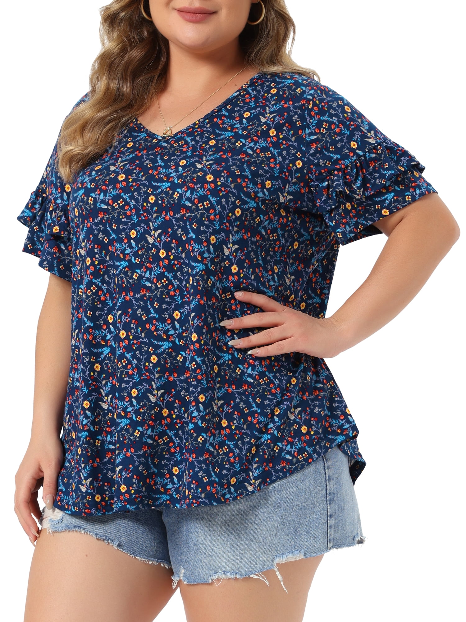 DARING DIVA Women's Plus Soft Tops V Neck Ruffle Sleeve Floral Casual Blouses 3X Dark Blue