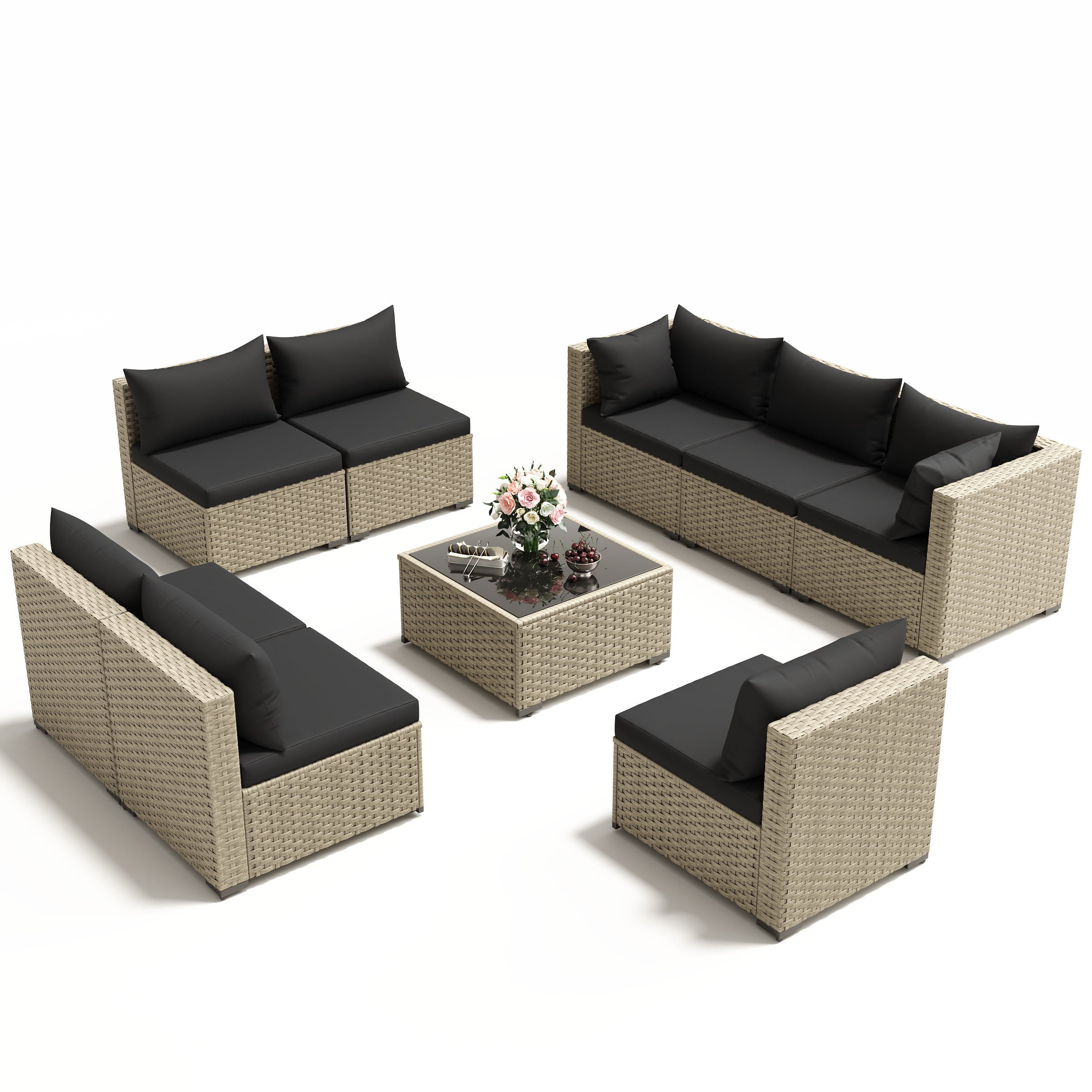 POTEBAN 9 PE Resin Weatherproof Outdoor Conversation Sets with Chairs and Table, Black