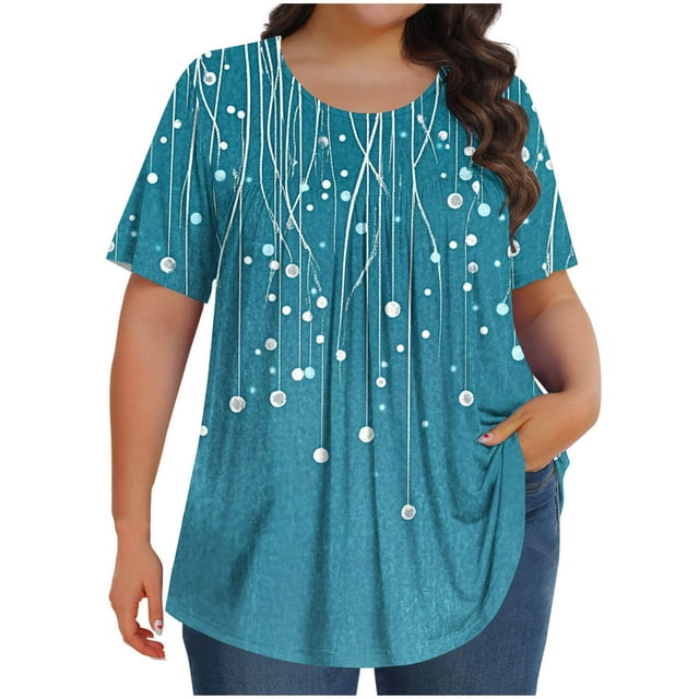 Blouse à Manches Courtes pour Femmes, Grande Taille, Col Rond Imprimé, Haut Décontracté Ample en Polyester, Bleu G, Été Printemps