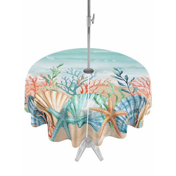 Outdoor Tablecloth with Umbrella Hole for Patio/Picnic/Party/Camping, Coastal Beach Waterproof Table Cloth Round Cover Washable, Ocean Wave Summer Sea Starfish Coral Teal Beige (Dia 54")