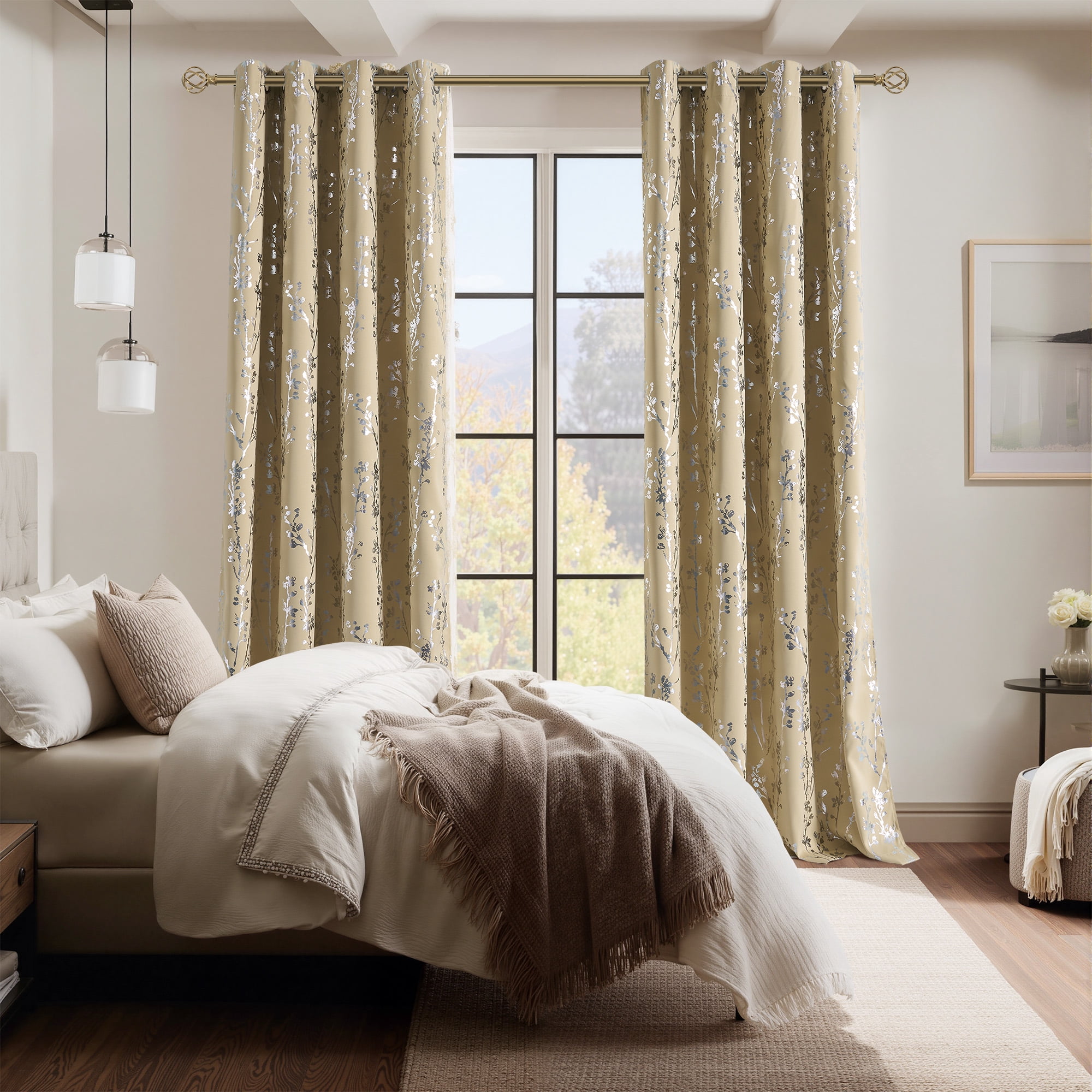 NICETOWN 100% Blackout Curtains for Bedroom, Noise Reducing Thermal Insulated Silver Branch Curtain, Grommet Blackout Curtains for Patio Sliding Glass Door 2 Panels, 52 x 63 Inch, Biscotti Beige)
