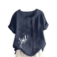 thumbnail image 2 of Lydiaunistar Women's Plus Size Spring Tops Casual Printed Short Sleeve Button-Up Blouse T-Shirt, Soft Polyester Round Neck Comfy Daily Wear Navy, 2 of 4