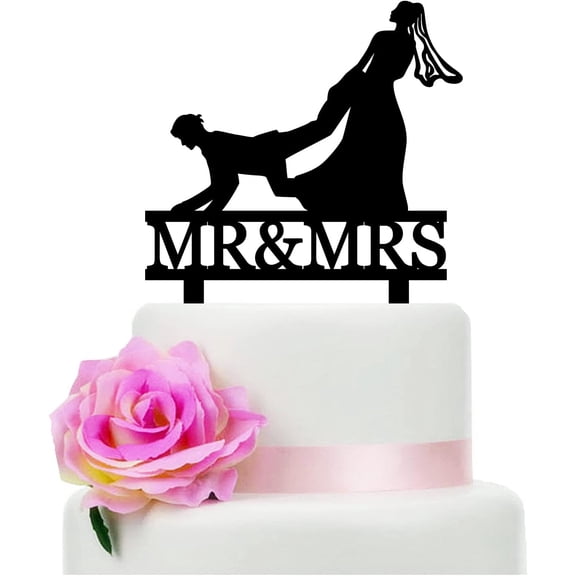 Funny Wedding Cake Topper - The Bride Grabbed The Groom's Leg From Behind - Mr&Mrs Cake Topper, Bride Dragging Groom Cake Topper, The Hunt Is Over