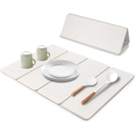 Large Stone Dish Drying Mat for Kitchen Counter, 24"(L)×16"(W) Dish Drying Mat, Fast Water-Absorbing, Diatomaceous Earth Non-Slip Stone Mat, Multi-Purpose Foldable Dish Drying Stone Mat