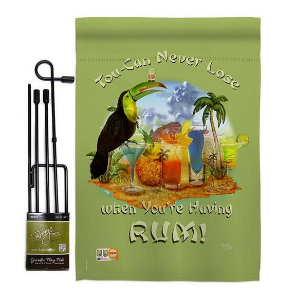 Breeze Decor BD-BV-GS-117044-IP-BO-D-US18-SB 13 x 18.5 in. Tou-can Never Lose Happy Hour & Drinks Beverages Impressions Decorative Vertical Double Sided Garden Flag Set with Banner Pole