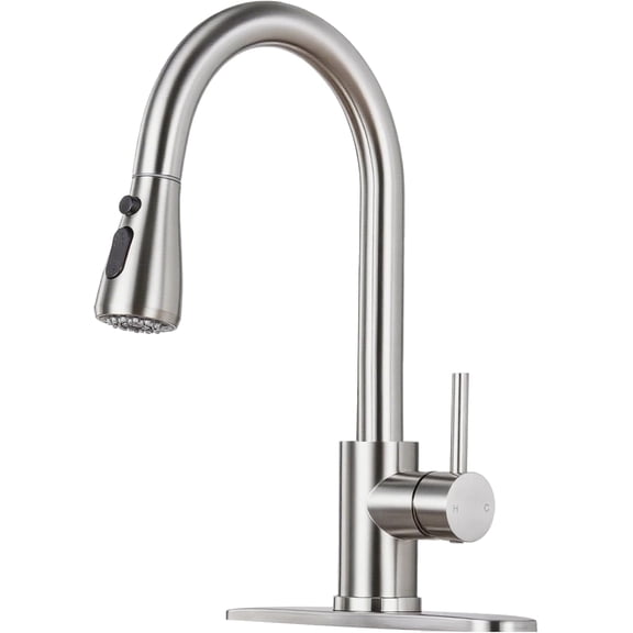 Kitchen Faucet with Pull Down Sprayer - Brushed Nickel Single Handle Kitchen Faucets, High Arc Stainless Steel Pull Out Kitchen Sink Faucet with Deck for RV Laundry Farmhouse Bar