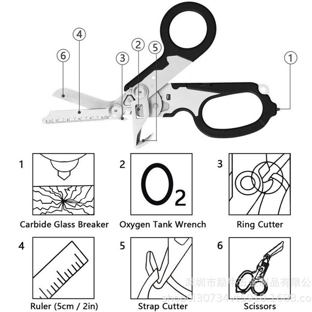 Heavy Duty 6 in 1 Multifunctional Trauma Shears Foldable | Stainless Steel emergency response scissors | Survival Shears with Holster | Trauma shears With Strap Cutter | Black