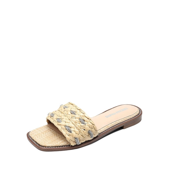 DREAM PAIRS Women’s Raffia Slide Sandals – Rhinestone Embellished Summer Flat Slip-Ons