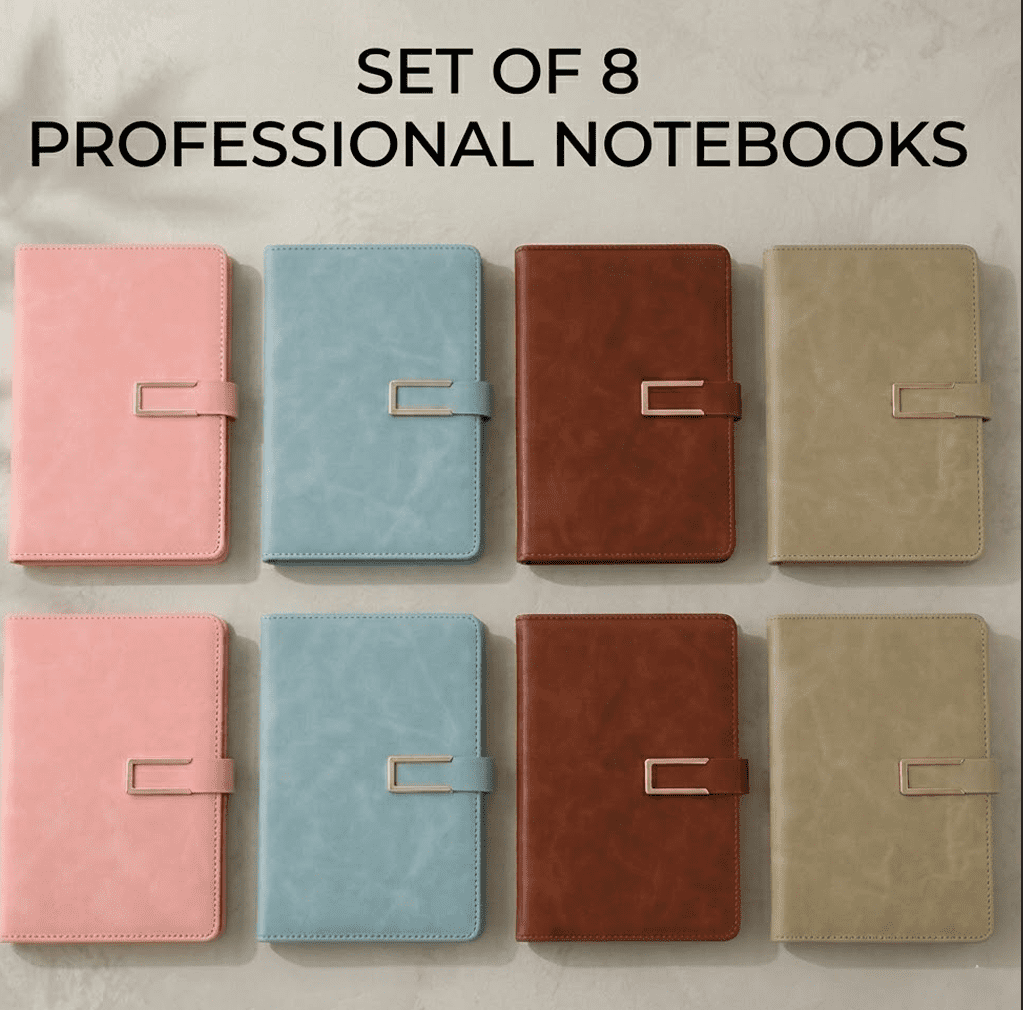 8-PACK A5 Faux Leather Journal Notebooks, Professional Lined Diary with Metal U-Clasp & Pen Loop, 80GSM 100 Sheets 1CM Ruled Office Writing Pad for Business, 4 Colors