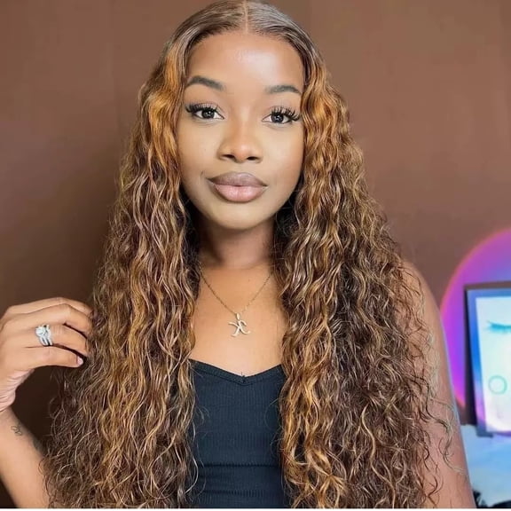 LEMENTINE Full Frontal Lace Glueless #P4/27 Highlight piano Color WATER WAVE 200% High-Density Pre-Plucked Human Hair Wigs Long Hair, 18"-30"